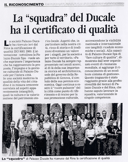 Palazzo Ducale Spa rivece dal Rina
la certificazione di qualità Iso 9001:2000