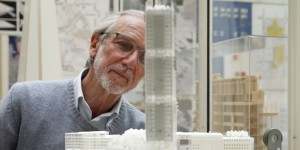 Italian architect Renzo Piano poses near a model of the new Law Court complex he designed in Paris